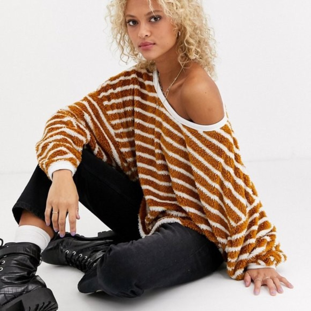 FREE PEOPLE Women’s “Breton” Must Yellow White Striped Pullover Fuzzy Sweater XS